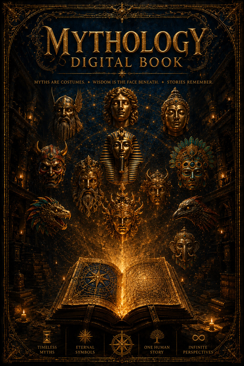 Codex Mythologica — cover: an open illuminated book radiating gold light into divine masks from many world mythologies.